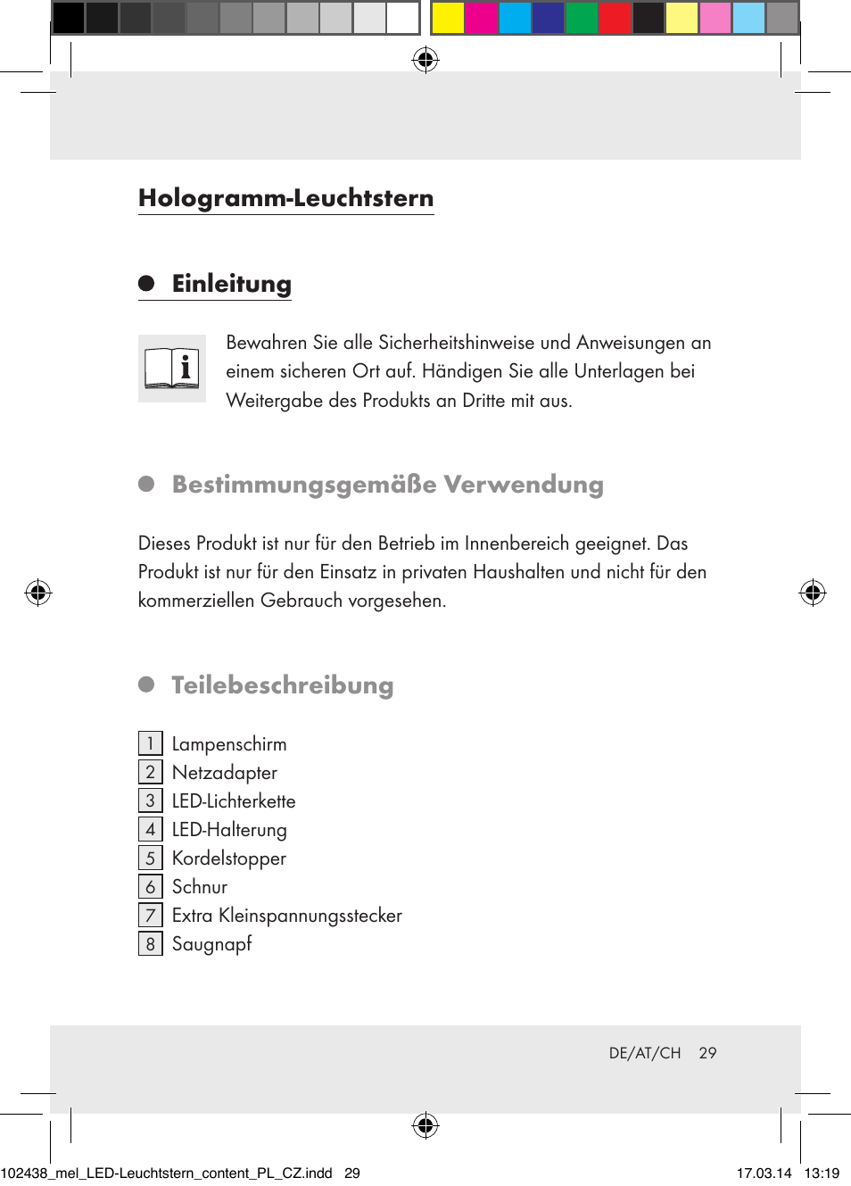 Hologramm-leuchtstern, Einleitung, Bestimmungsgemäße verwendung | Teilebeschreibung | Melinera Z31617A-BS/Z31617B-BS/ Z31617C-BS User Manual | Page 29 / 36