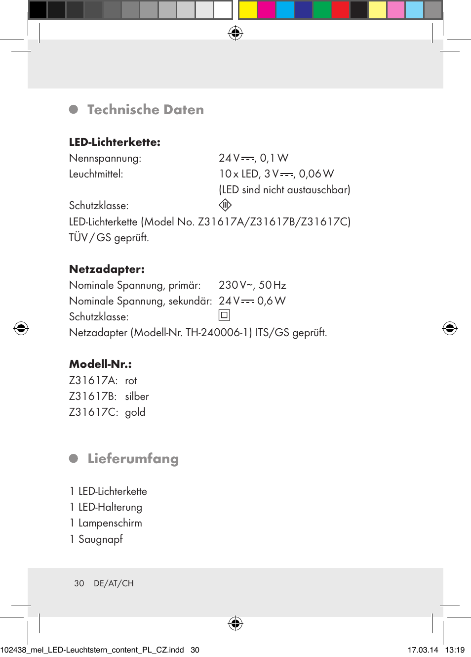 Technische daten, Lieferumfang | Melinera Z31617A-BS/Z31617B-BS/ Z31617C-BS User Manual | Page 30 / 36