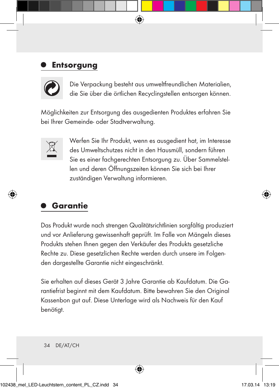 Entsorgung, Garantie | Melinera Z31617A-BS/Z31617B-BS/ Z31617C-BS User Manual | Page 34 / 36