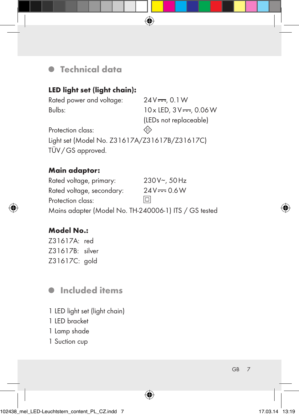 Technical data, Included items | Melinera Z31617A-BS/Z31617B-BS/ Z31617C-BS User Manual | Page 7 / 36