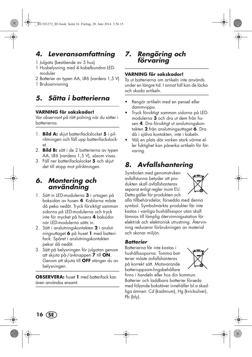 Leveransomfattning, Sätta i batterierna, Montering och användning | Rengöring och förvaring, Avfallshantering | Melinera MWBA 5 A1 User Manual | Page 18 / 46