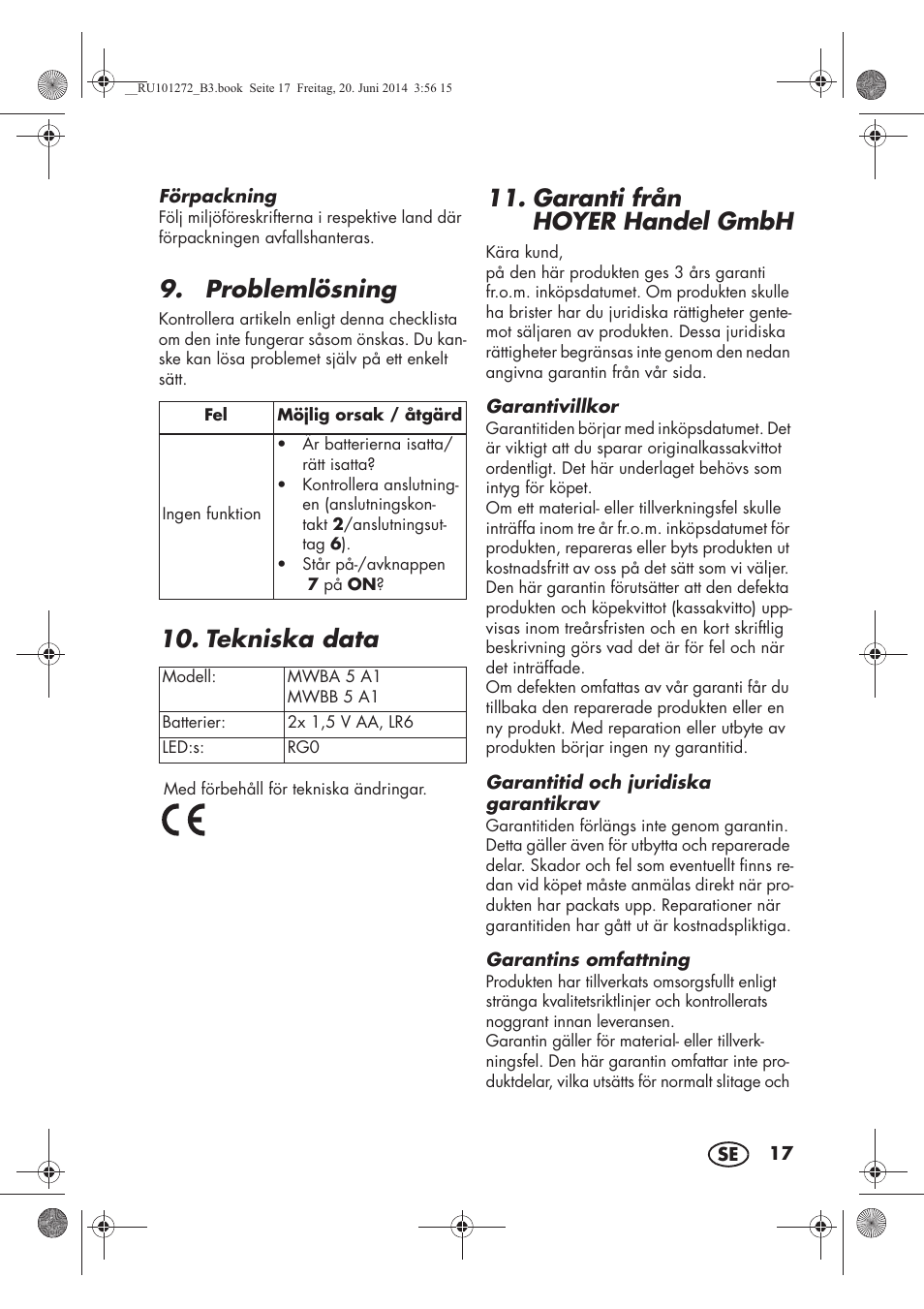 Problemlösning, Tekniska data, Garanti från hoyer handel gmbh | Melinera MWBA 5 A1 User Manual | Page 19 / 46