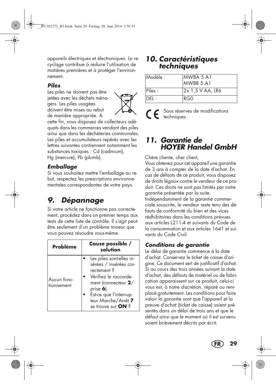 Dépannage, Caractéristiques techniques, Garantie de hoyer handel gmbh | Melinera MWBA 5 A1 User Manual | Page 31 / 46