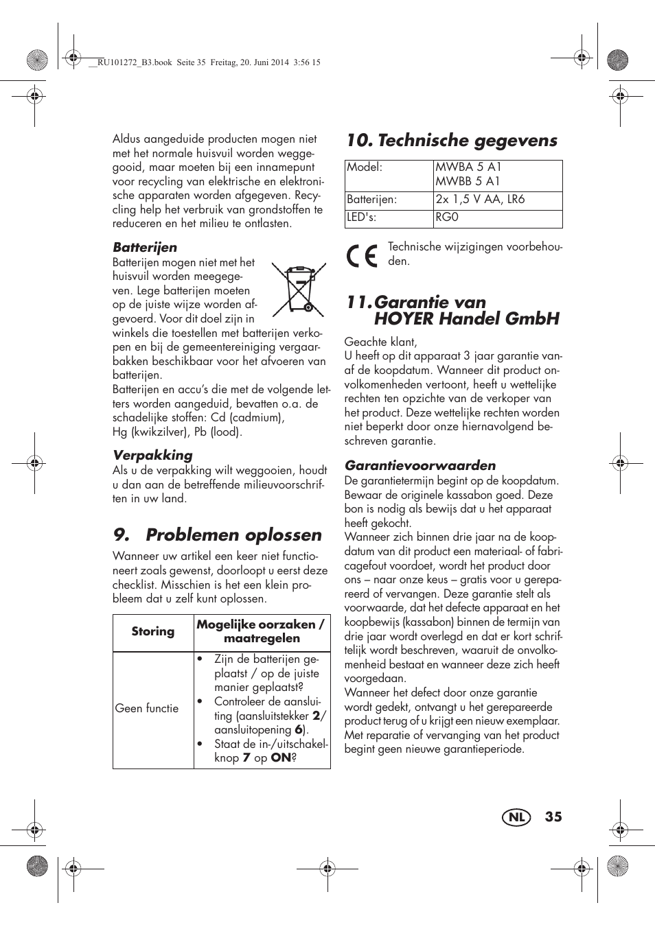 Problemen oplossen, Technische gegevens, Garantie van hoyerhandel gmbh | Melinera MWBA 5 A1 User Manual | Page 37 / 46