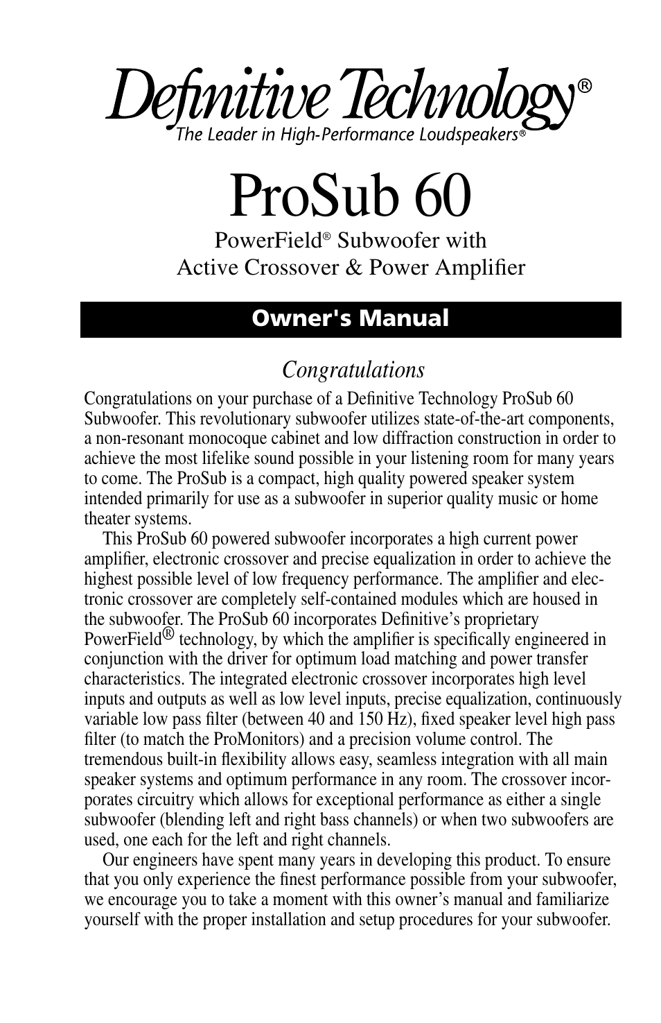 Definitive Technology ProSub 60 User Manual | 12 pages