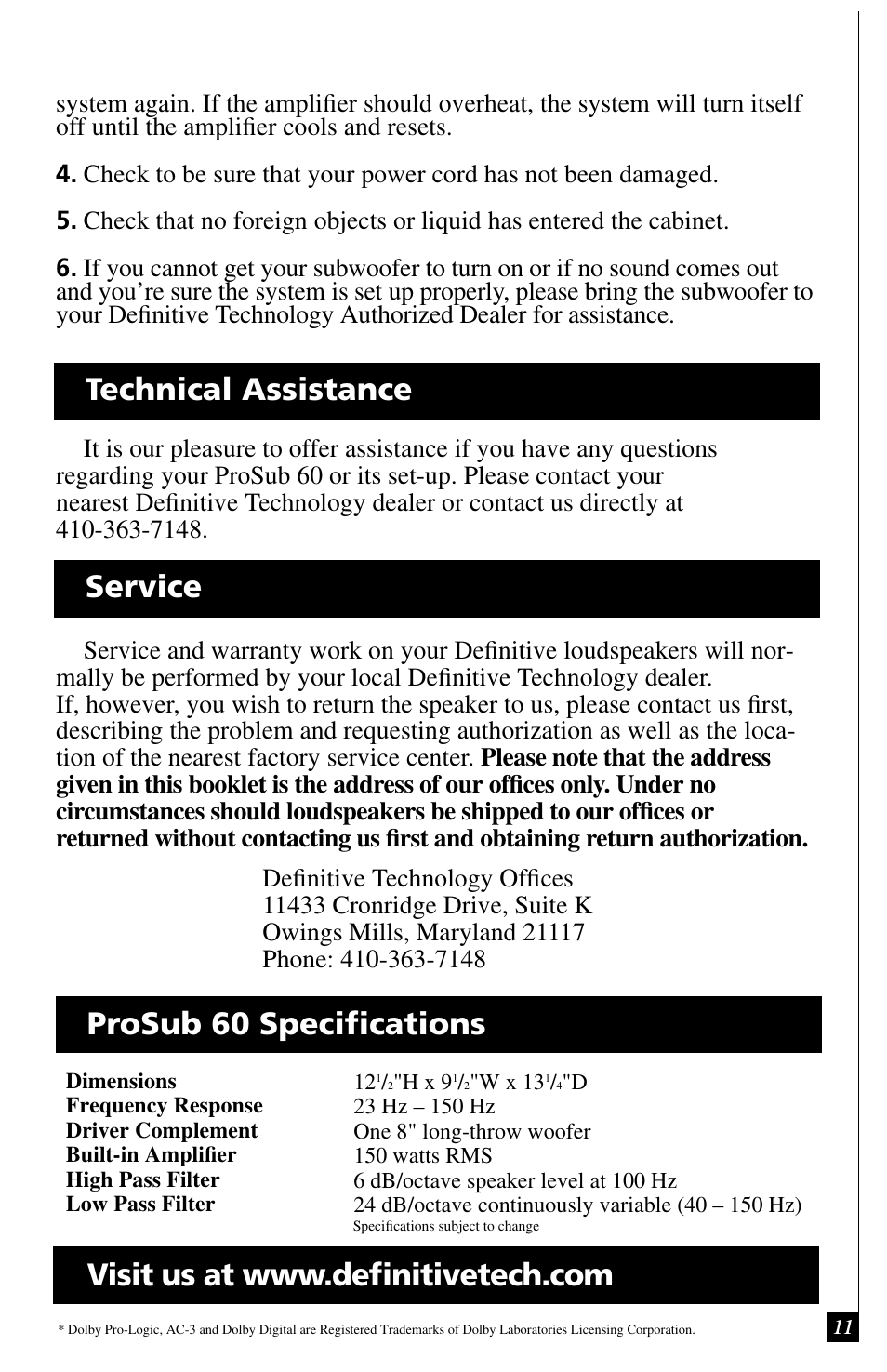 Technical assistance service, Prosub 60 specifications | Definitive Technology ProSub 60 User Manual | Page 11 / 12
