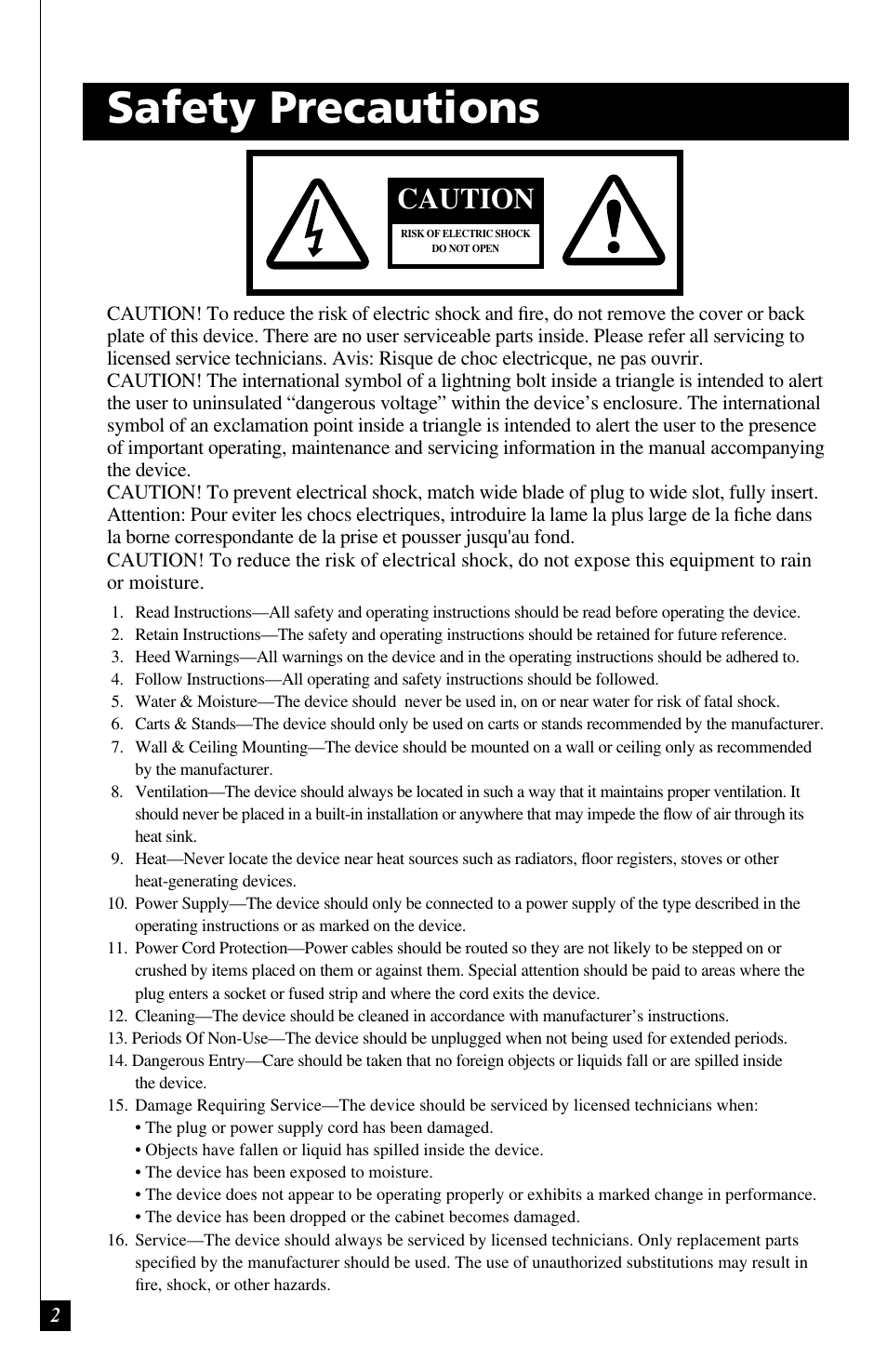 Safety precautions, Caution | Definitive Technology ProSub 60 User Manual | Page 2 / 12