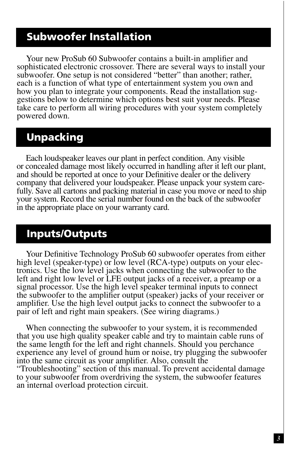 Subwoofer installation unpacking, Inputs/outputs | Definitive Technology ProSub 60 User Manual | Page 3 / 12