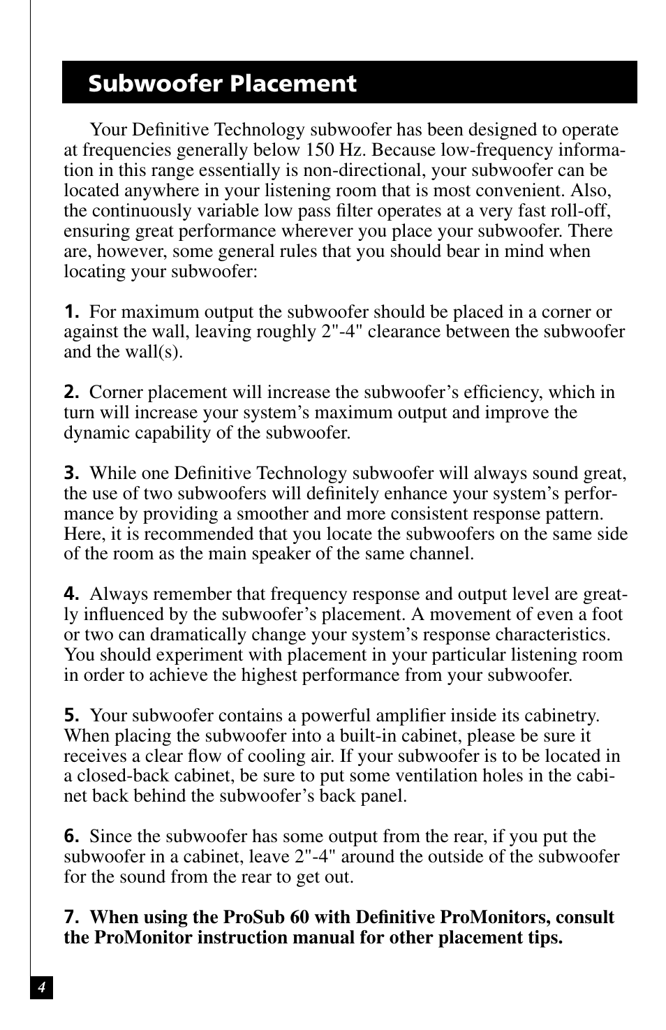 Subwoofer placement | Definitive Technology ProSub 60 User Manual | Page 4 / 12