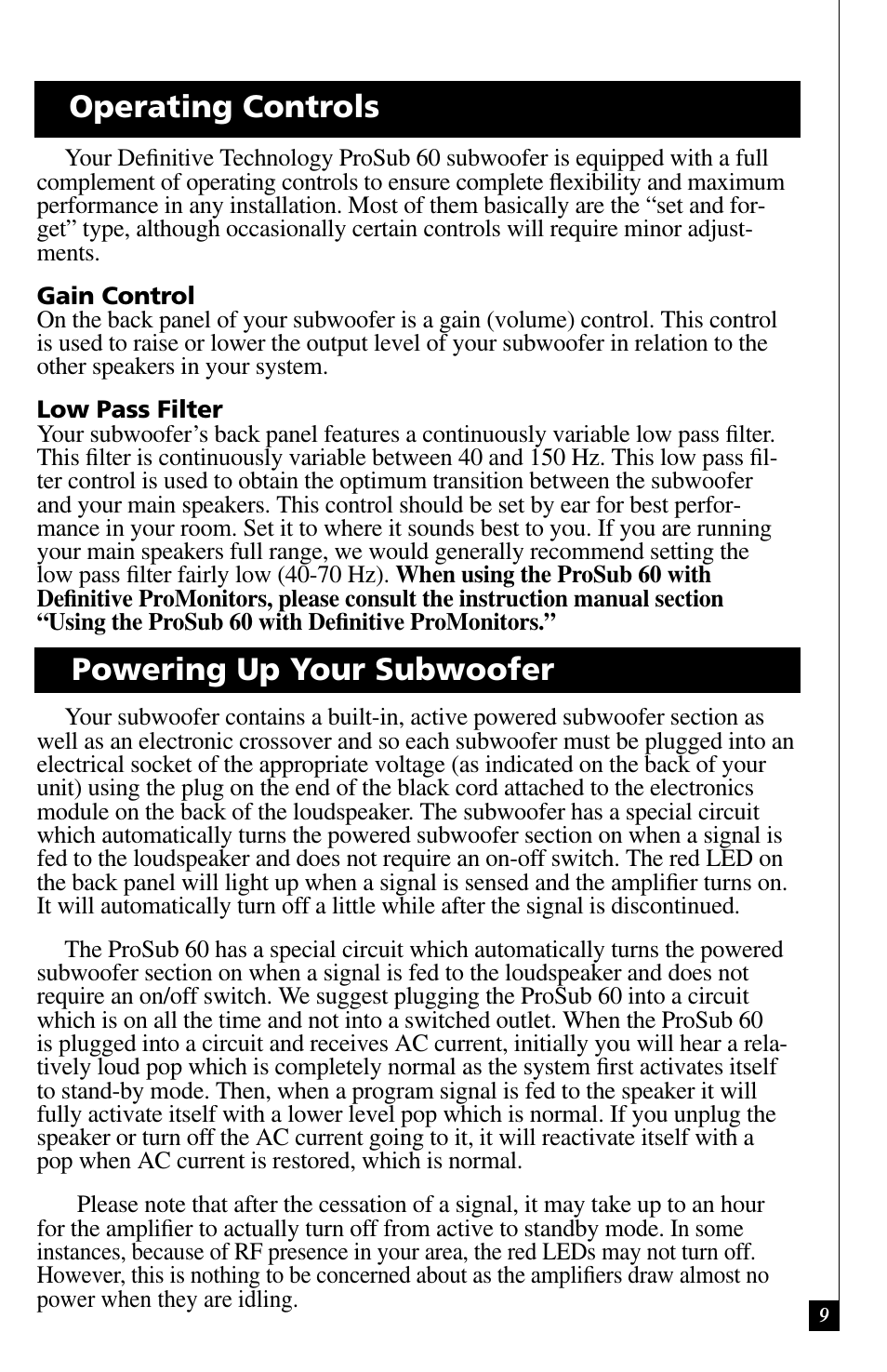 Operating controls powering up your subwoofer | Definitive Technology ProSub 60 User Manual | Page 9 / 12