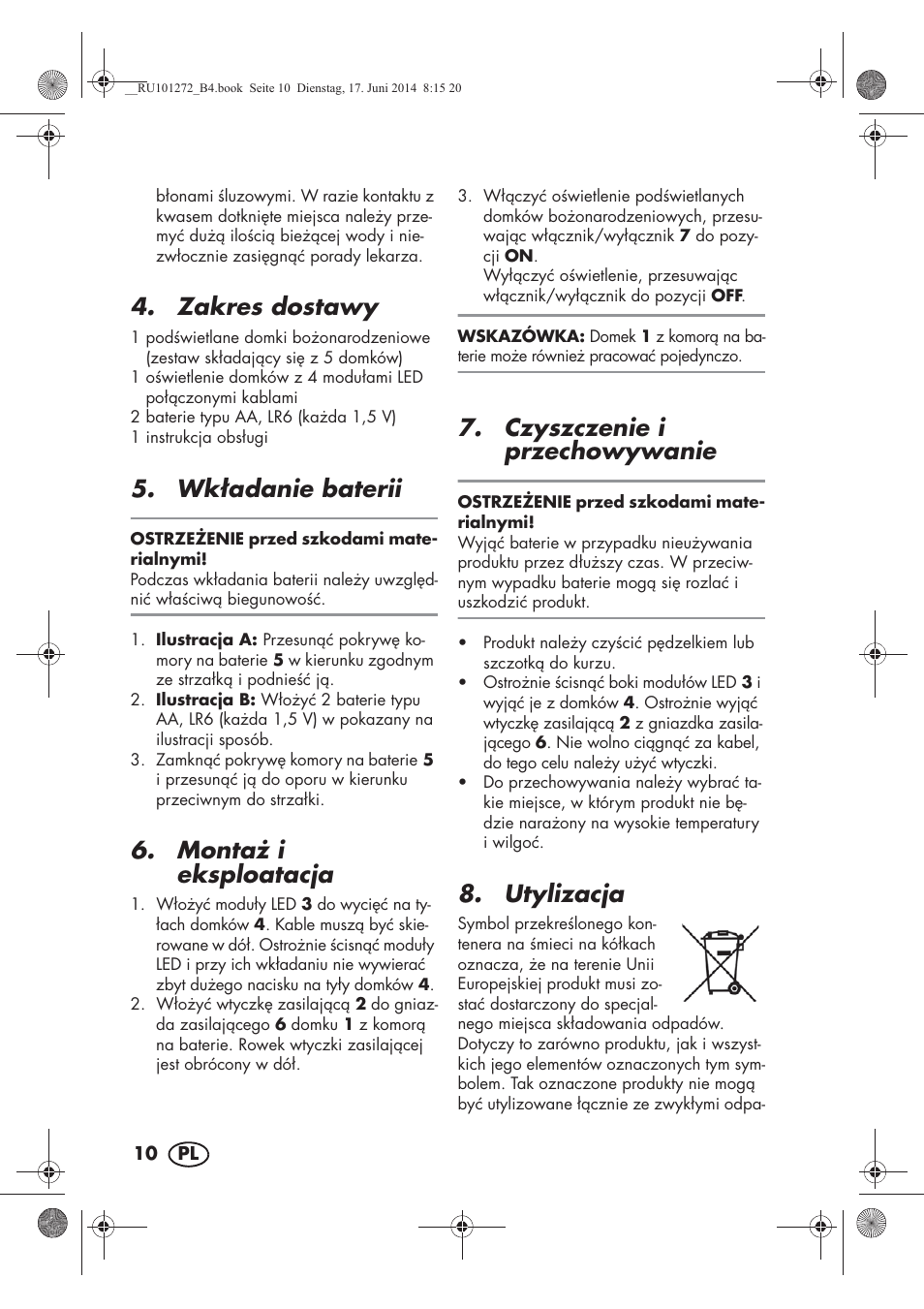 Zakres dostawy, Wk adanie baterii, Monta i eksploatacja | Czyszczenie i przechowywanie, Utylizacja | Melinera MWBA 5 A1 User Manual | Page 12 / 46