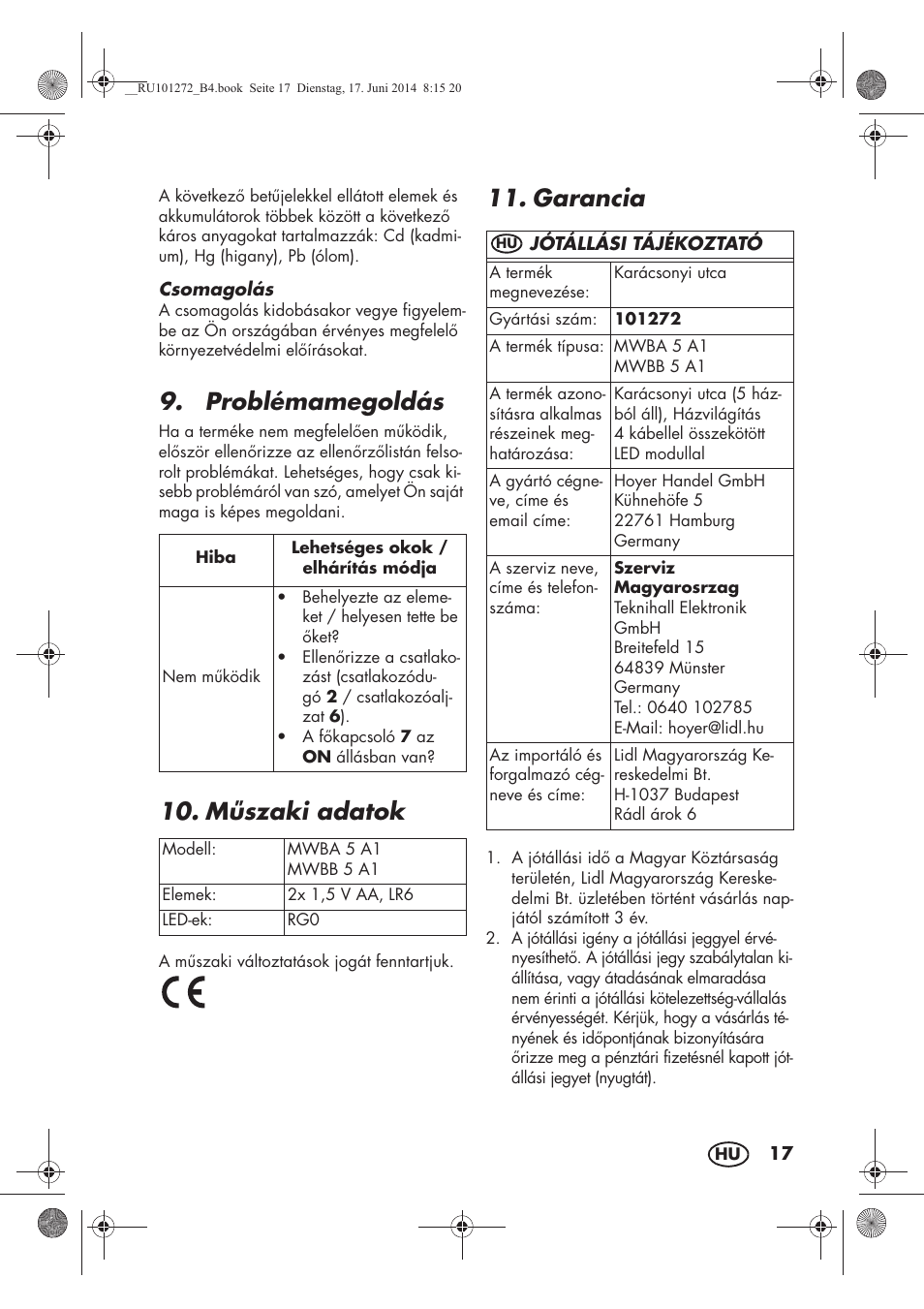 Problémamegoldás, M szaki adatok, Garancia | Melinera MWBA 5 A1 User Manual | Page 19 / 46