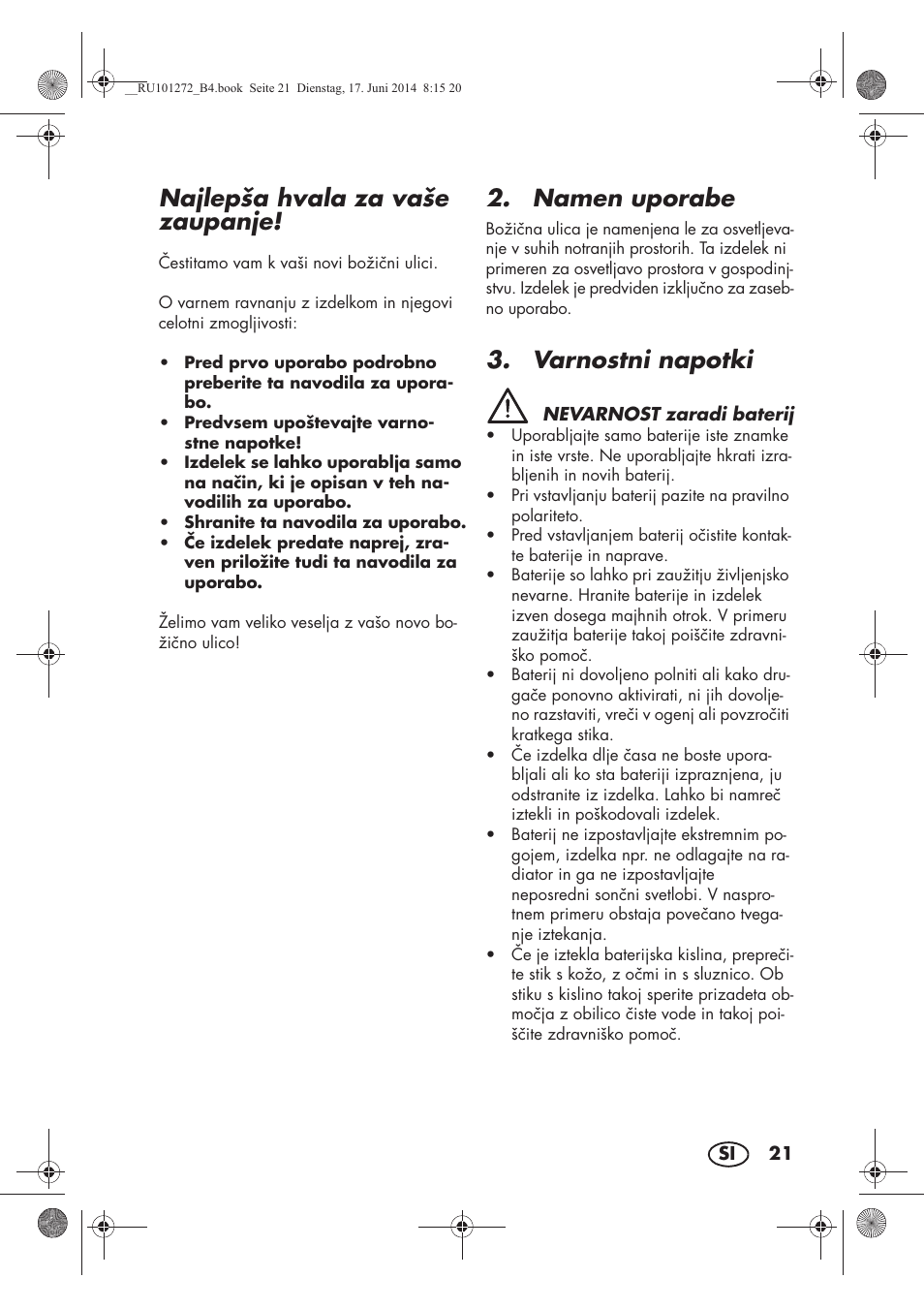 Najlepša hvala za vaše zaupanje, Namen uporabe, Varnostni napotki | Melinera MWBA 5 A1 User Manual | Page 23 / 46