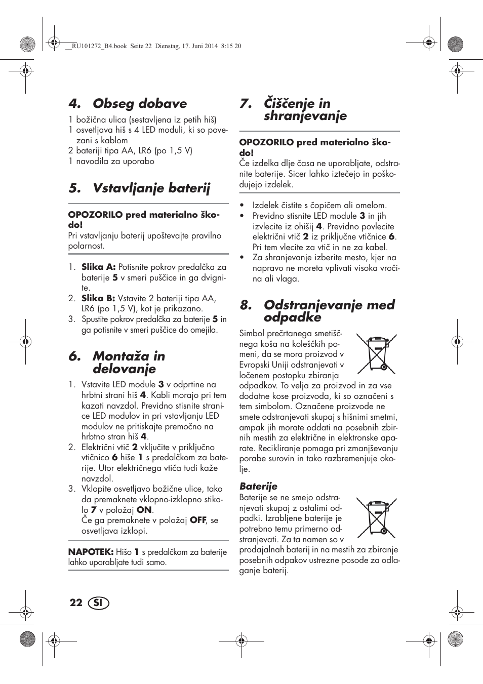 Obseg dobave, Vstavljanje baterij, Montaža in delovanje | išenje in shranjevanje, Odstranjevanje med odpadke | Melinera MWBA 5 A1 User Manual | Page 24 / 46
