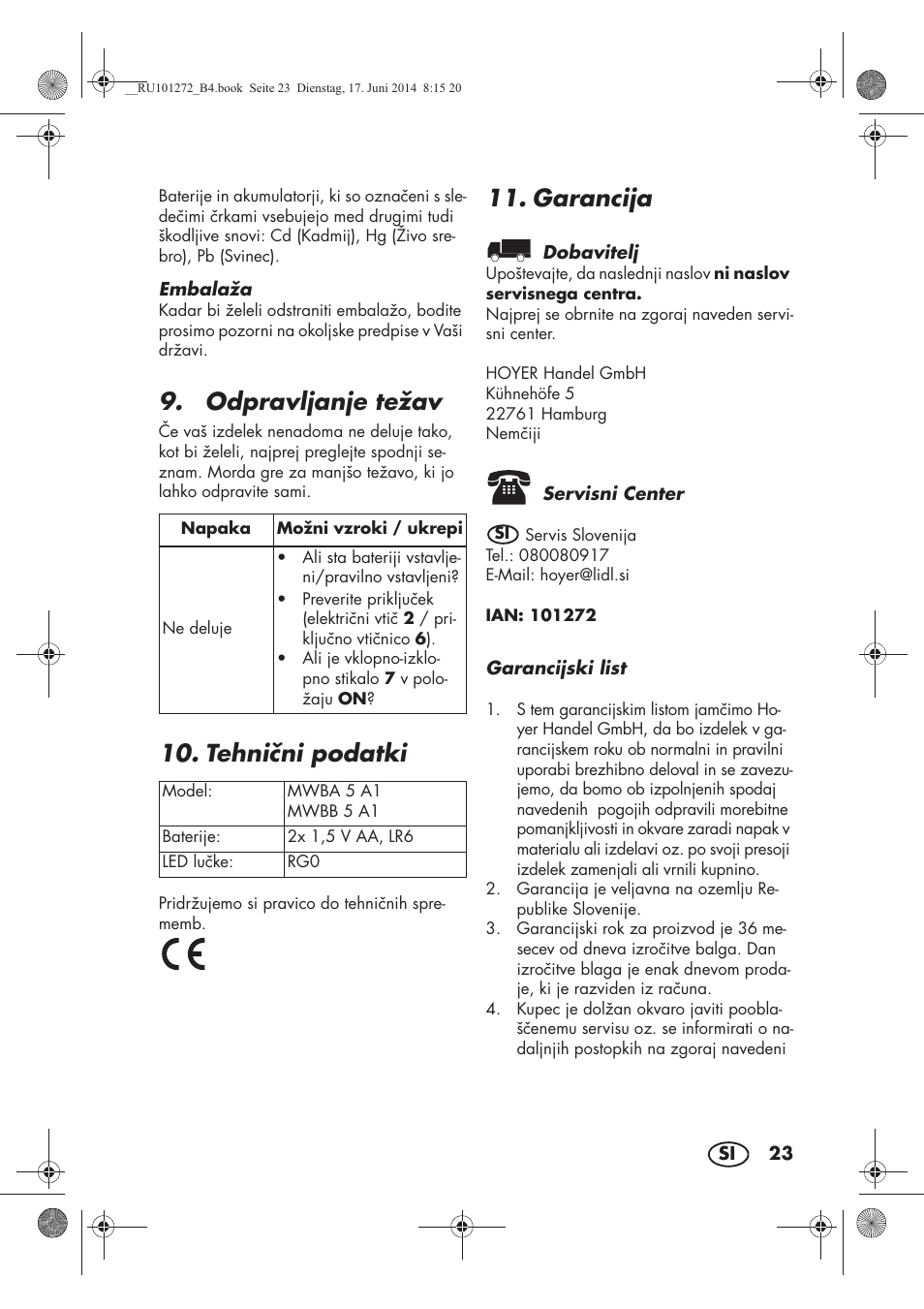 Odpravljanje težav, Tehnini podatki, Garancija | Melinera MWBA 5 A1 User Manual | Page 25 / 46