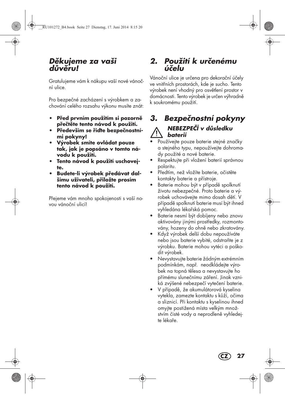 Dkujeme za vaši dvru, Použití k urenému úelu, Bezpenostní pokyny | Melinera MWBA 5 A1 User Manual | Page 29 / 46