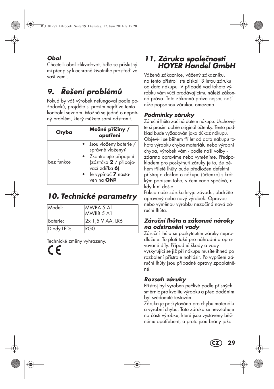 ešení problém, Technické parametry, Záruka spolenosti hoyer handel gmbh | Melinera MWBA 5 A1 User Manual | Page 31 / 46