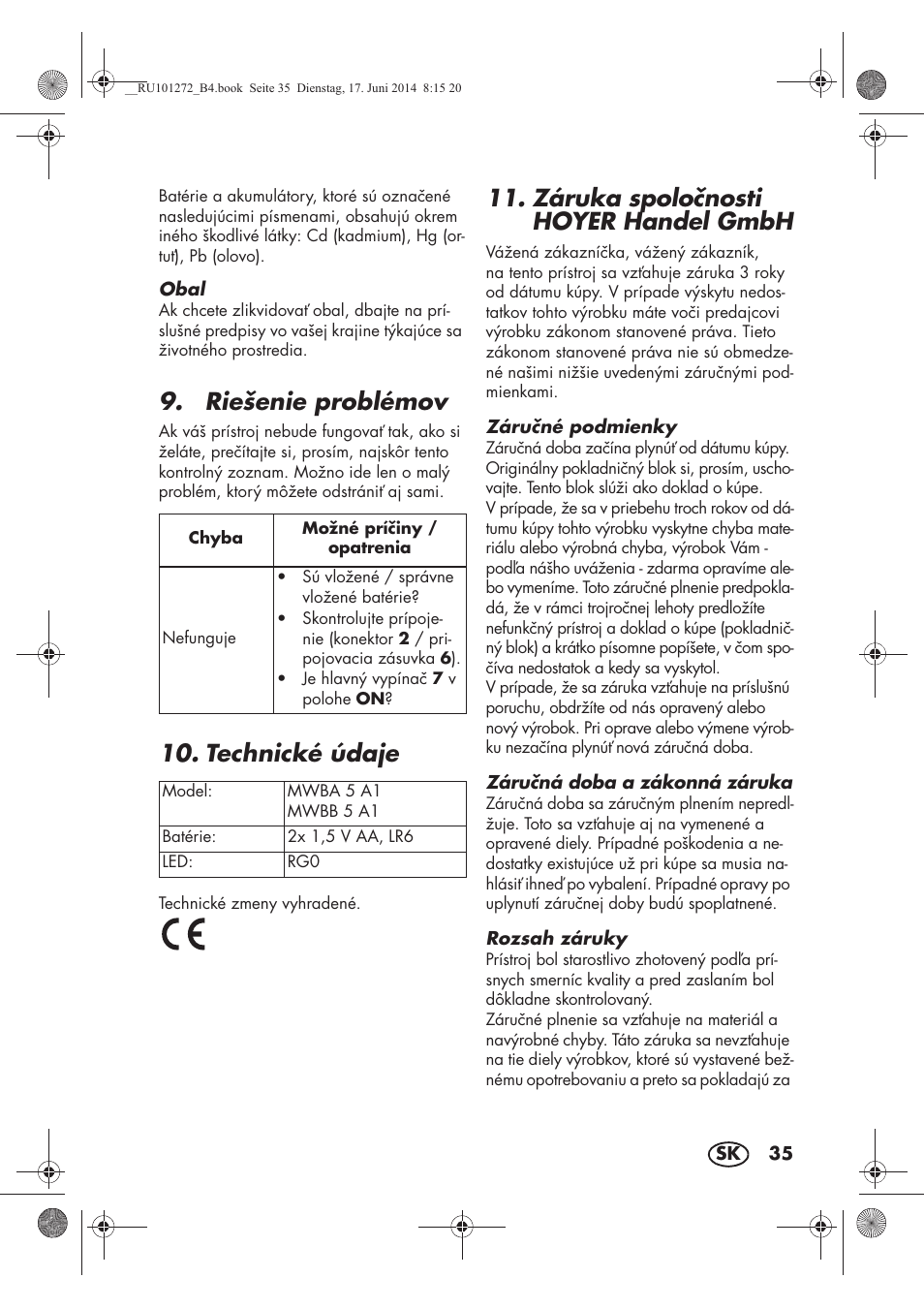 Riešenie problémov, Technické údaje, Záruka spolonosti hoyer handel gmbh | Melinera MWBA 5 A1 User Manual | Page 37 / 46