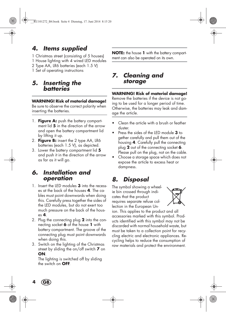 Items supplied, Inserting the batteries, Installation and operation | Cleaning and storage, Disposal | Melinera MWBA 5 A1 User Manual | Page 6 / 46