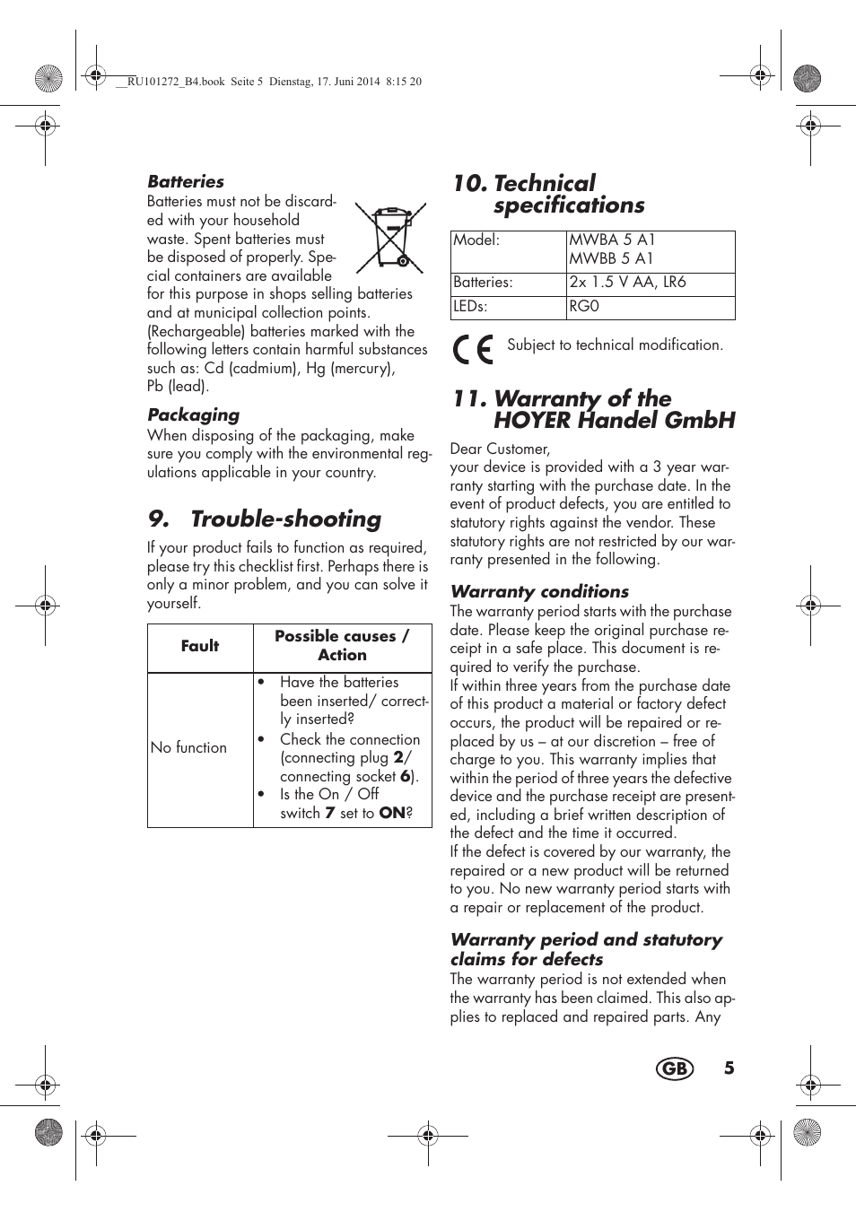 Trouble-shooting, Technical specifications, Warranty of the hoyer handel gmbh | Melinera MWBA 5 A1 User Manual | Page 7 / 46