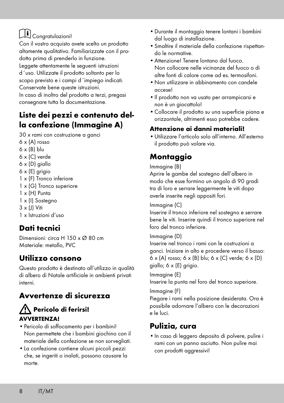 Dati tecnici, Utilizzo consono, Avvertenze di sicurezza | Montaggio, Pulizia, cura | Melinera WB-1660 User Manual | Page 6 / 14