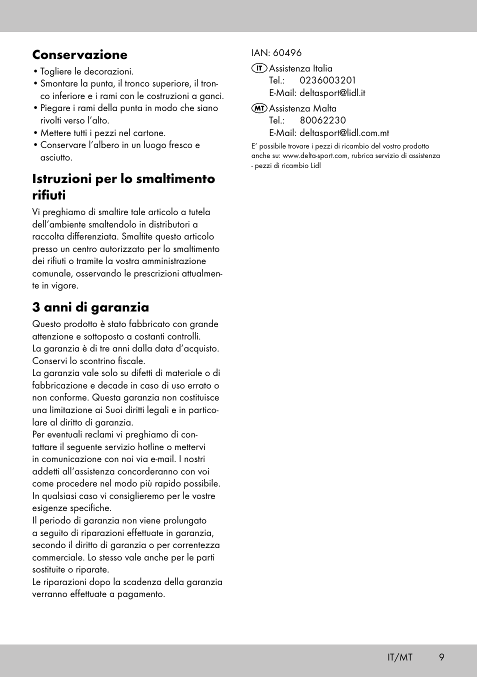 Conservazione, Istruzioni per lo smaltimento rifiuti, 3 anni di garanzia | Melinera WB-1660 User Manual | Page 7 / 14