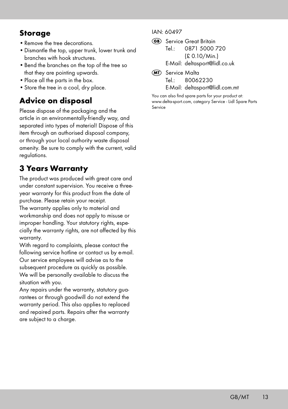 Storage, Advice on disposal, 3 years warranty | Melinera WB-1661 User Manual | Page 11 / 14