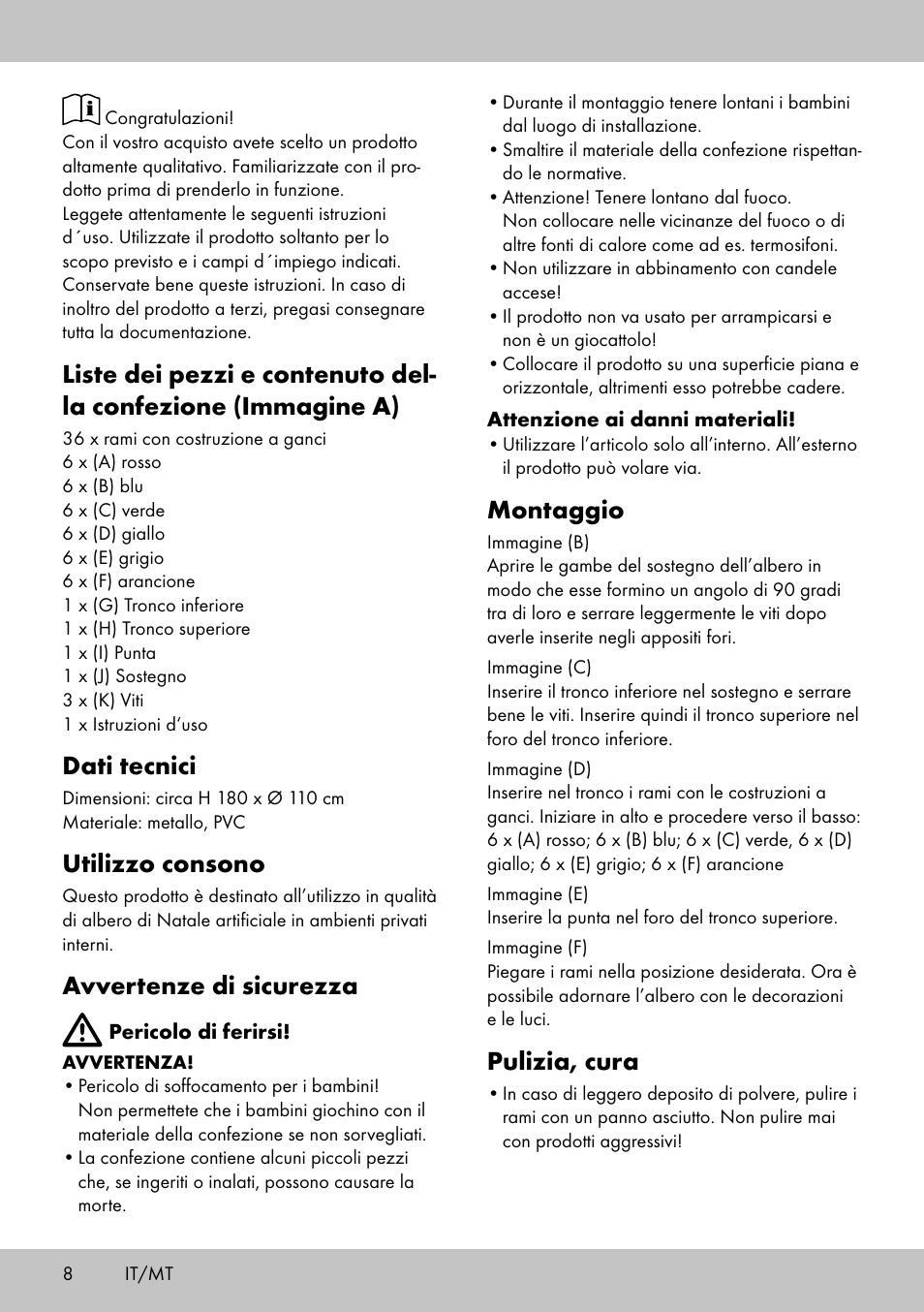 Dati tecnici, Utilizzo consono, Avvertenze di sicurezza | Montaggio, Pulizia, cura | Melinera WB-1661 User Manual | Page 6 / 14