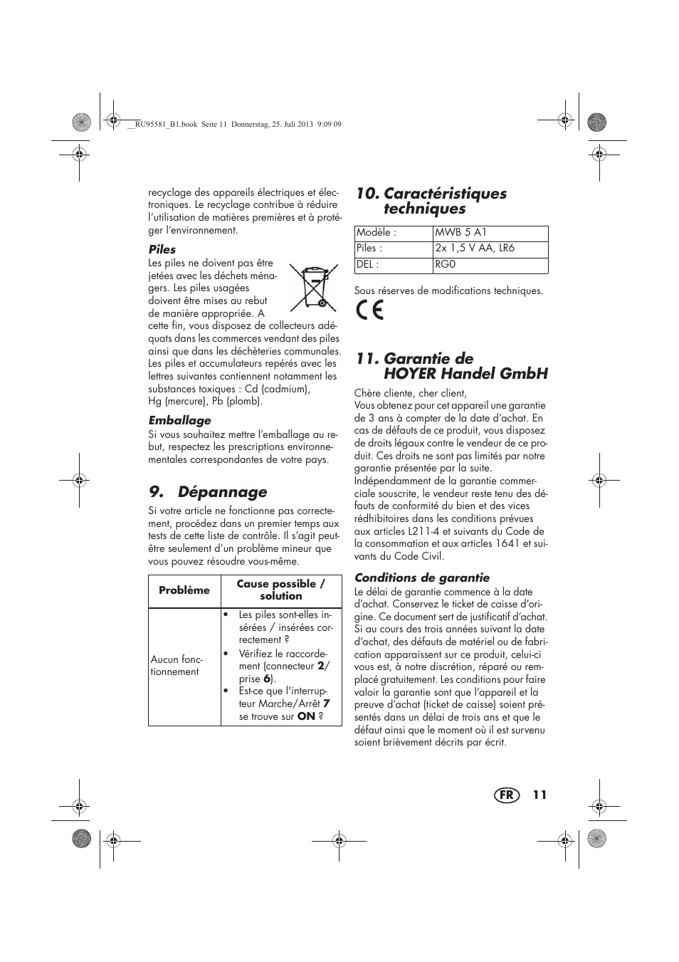 Dépannage, Caractéristiques techniques, Garantie de hoyer handel gmbh | Melinera MWB 5 A1 User Manual | Page 13 / 34