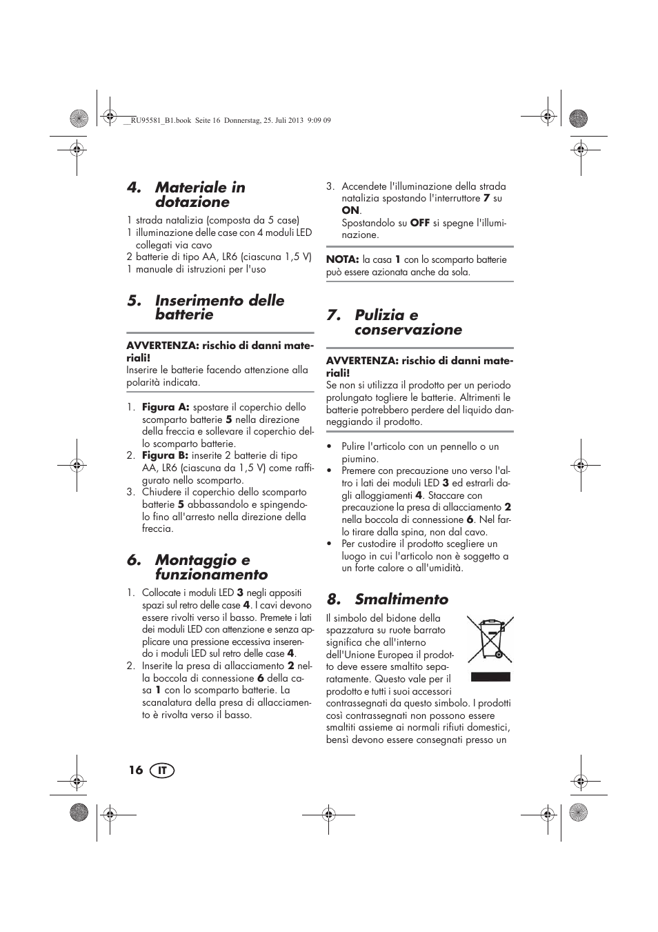 Materiale in dotazione, Inserimento delle batterie, Montaggio e funzionamento | Pulizia e conservazione, Smaltimento | Melinera MWB 5 A1 User Manual | Page 18 / 34
