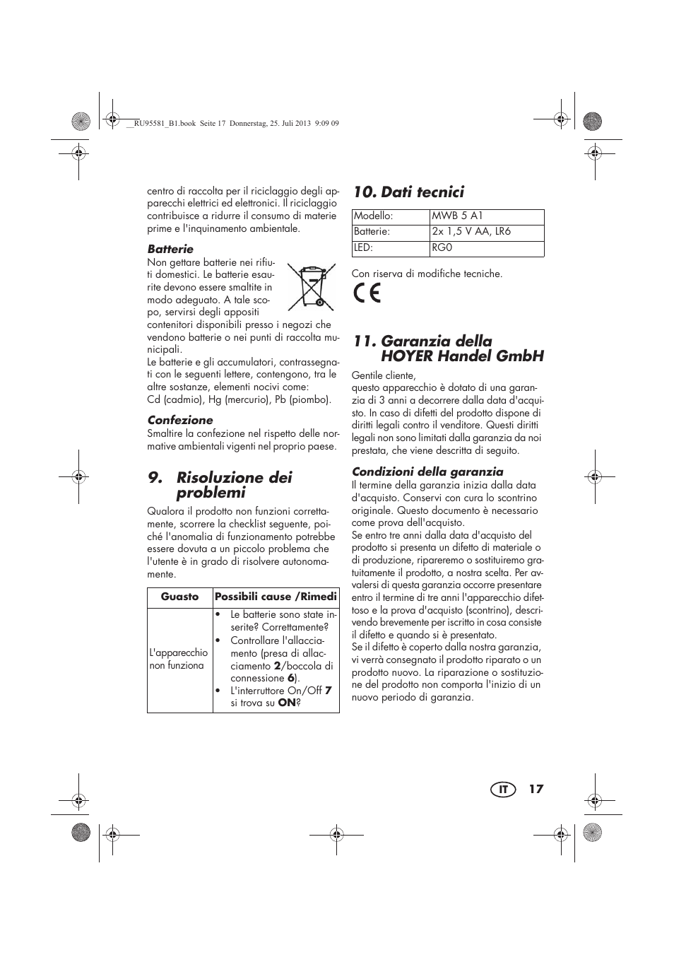 Risoluzione dei problemi, Dati tecnici, Garanzia della hoyer handel gmbh | Melinera MWB 5 A1 User Manual | Page 19 / 34