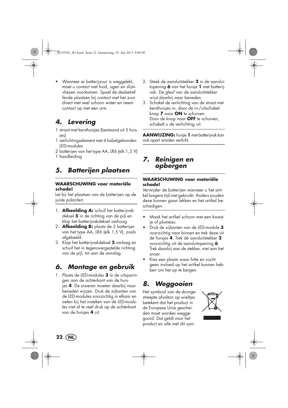 Levering, Batterijen plaatsen, Montage en gebruik | Reinigen en opbergen, Weggooien | Melinera MWB 5 A1 User Manual | Page 24 / 34