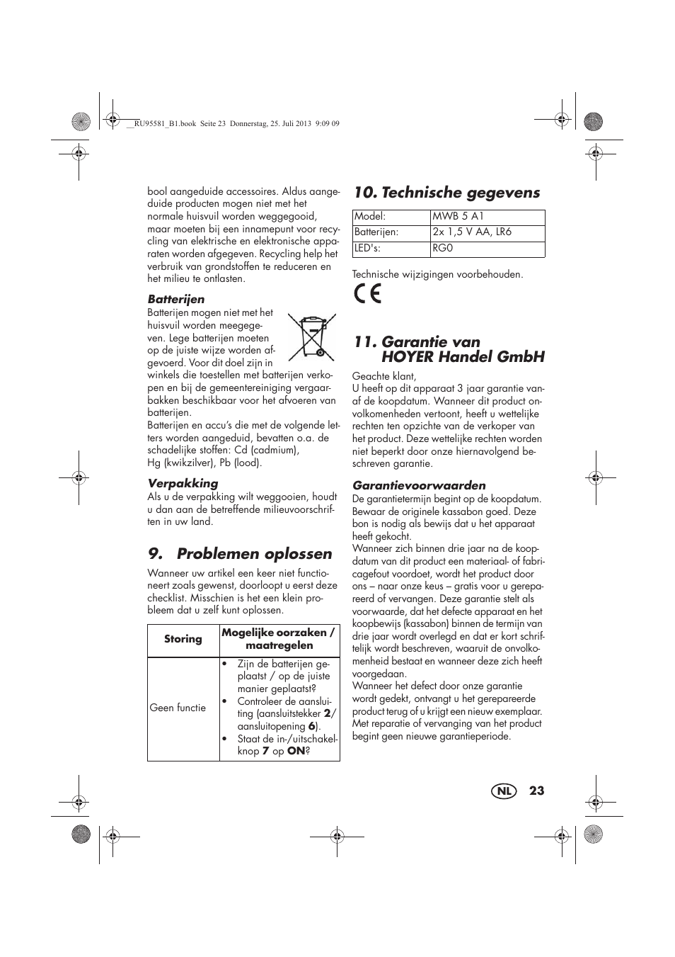 Problemen oplossen, Technische gegevens, Garantie van hoyerhandel gmbh | Melinera MWB 5 A1 User Manual | Page 25 / 34
