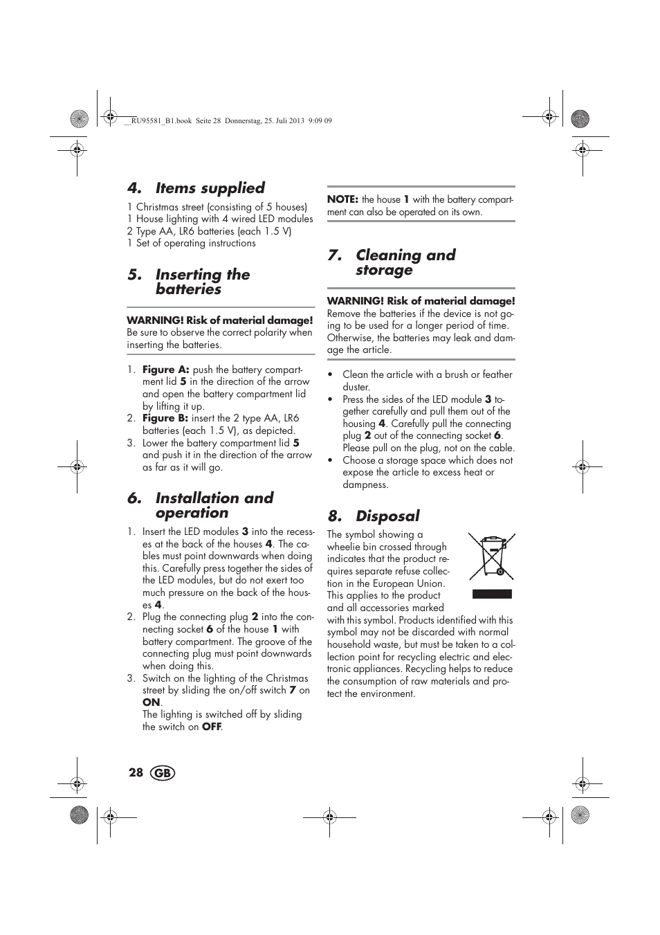 Items supplied, Inserting the batteries, Installation and operation | Cleaning and storage, Disposal | Melinera MWB 5 A1 User Manual | Page 30 / 34