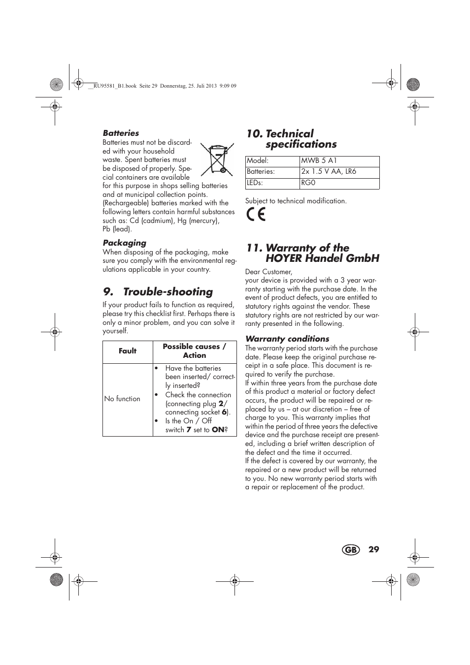 Trouble-shooting, Technical specifications, Warranty of the hoyer handel gmbh | Melinera MWB 5 A1 User Manual | Page 31 / 34
