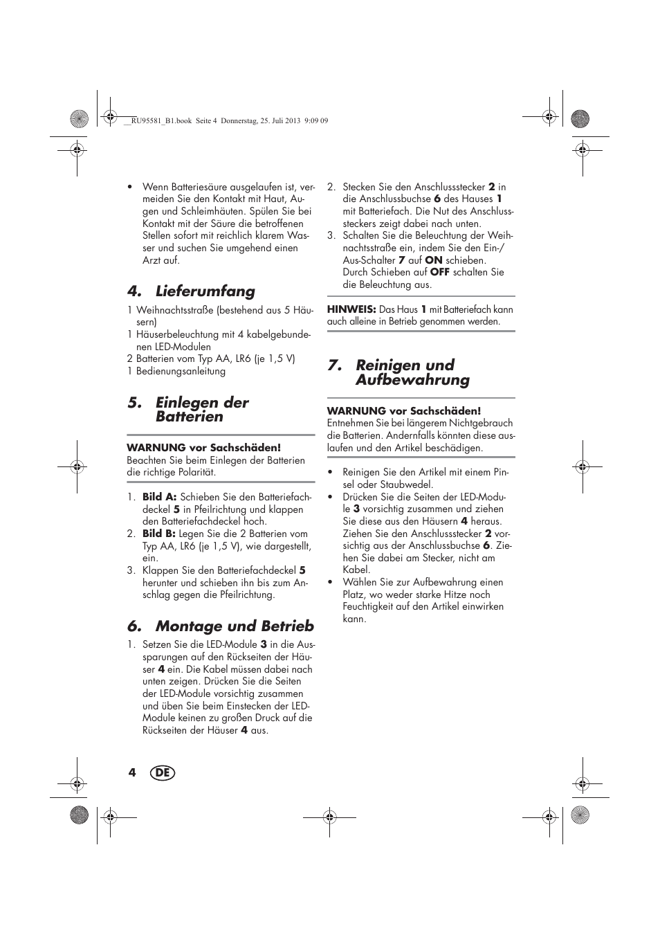 Lieferumfang, Einlegen der batterien, Montage und betrieb | Reinigen und aufbewahrung | Melinera MWB 5 A1 User Manual | Page 6 / 34