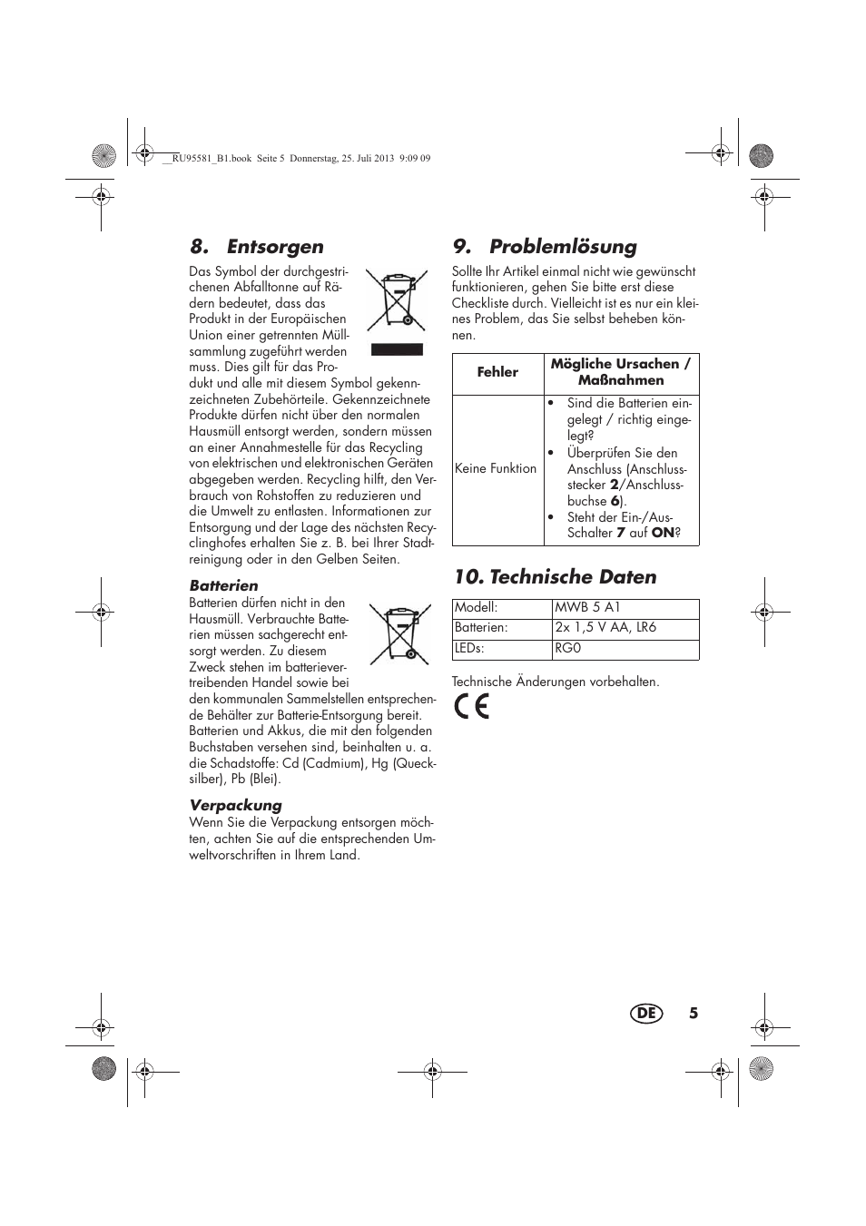 Entsorgen, Problemlösung, Technische daten | Melinera MWB 5 A1 User Manual | Page 7 / 34