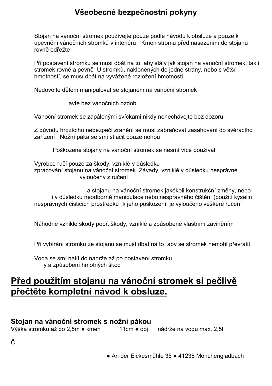 Všeobecné bezpečnostní pokyny, Stojan na vánoční stromek s nožní pákou | Melinera 3500 User Manual | Page 11 / 17