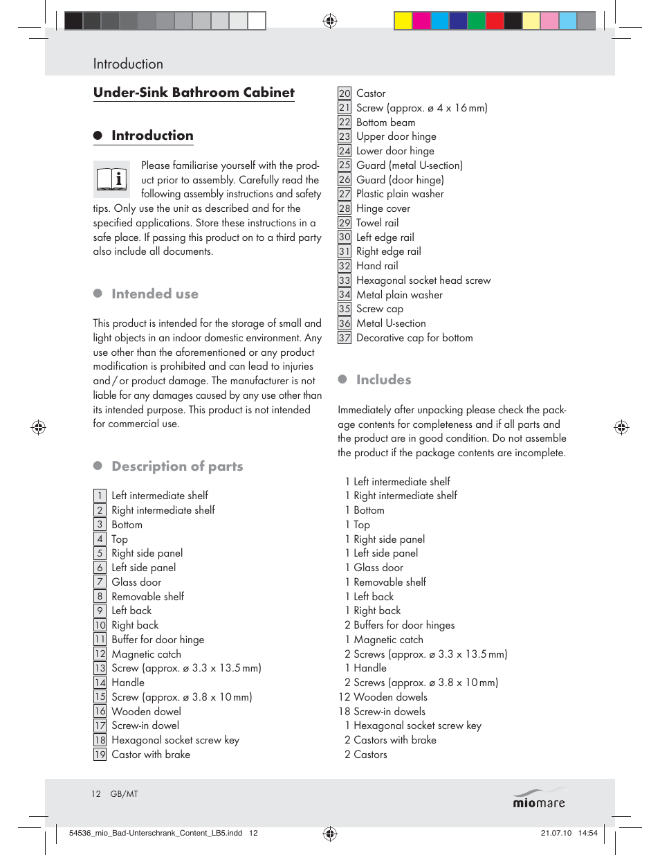 Introduction, Under-sink bathroom cabinet, Intended use | Description of parts, Includes | Miomare Z30374 User Manual | Page 10 / 23