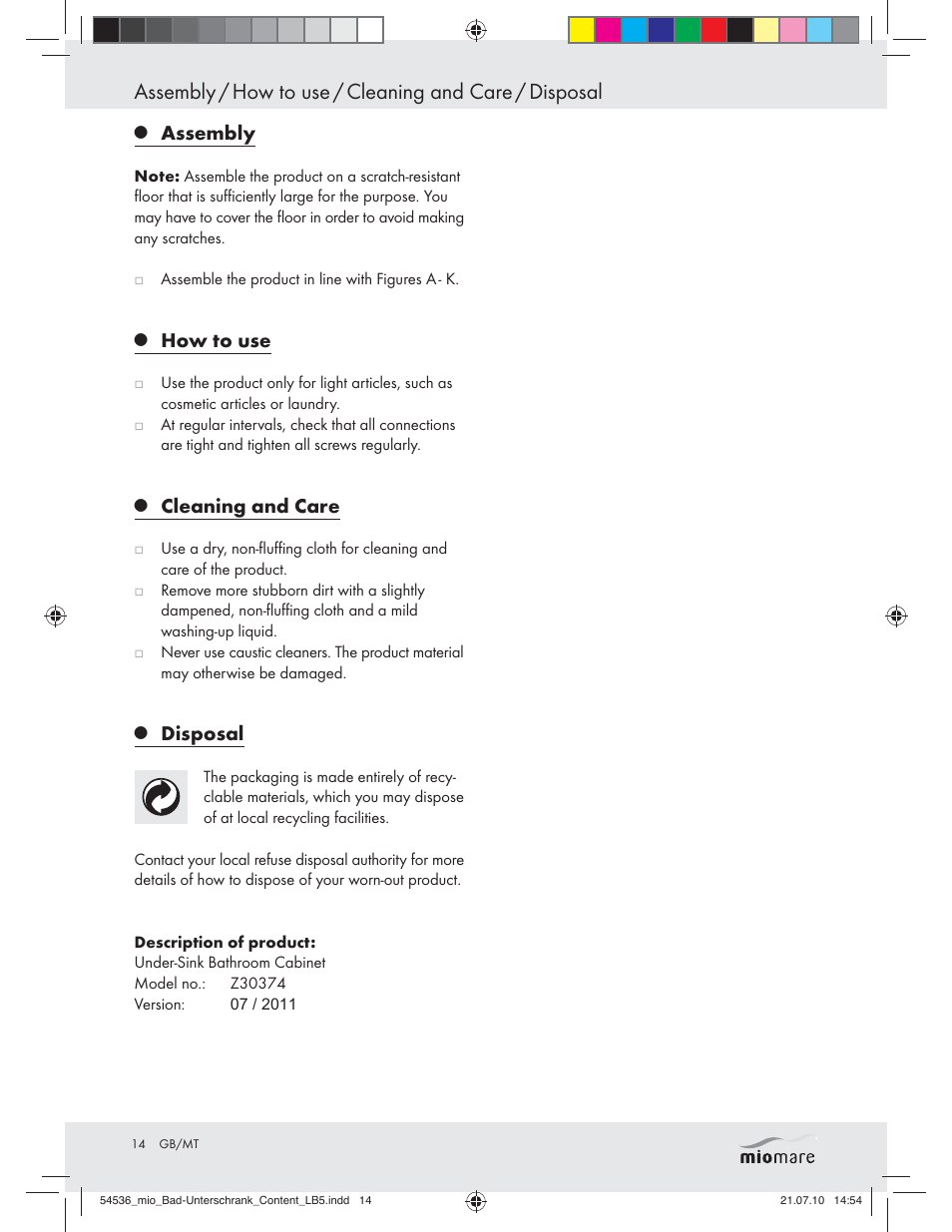 Assembly, How to use, Cleaning and care | Disposal | Miomare Z30374 User Manual | Page 12 / 23