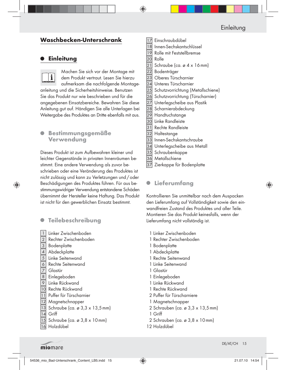 Einleitung, Waschbecken-unterschrank, Bestimmungsgemäße verwendung | Teilebeschreibung, Lieferumfang | Miomare Z30374 User Manual | Page 13 / 23