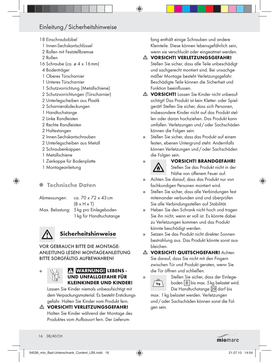 Einleitung / sicherheitshinweise, Technische daten, Sicherheitshinweise | Miomare Z30374 User Manual | Page 14 / 23