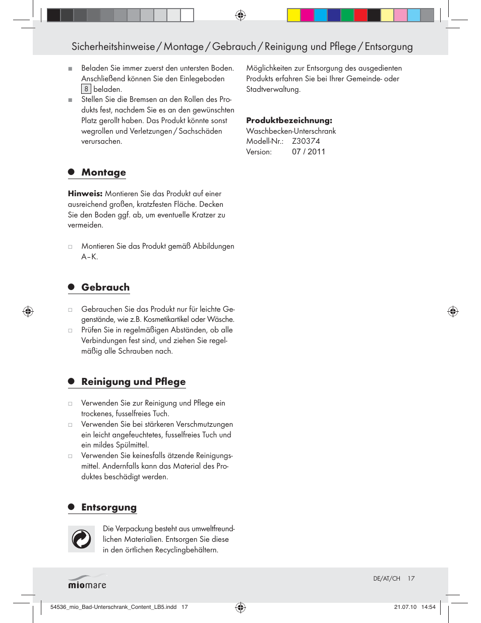 Montage, Gebrauch, Reinigung und pﬂege | Entsorgung | Miomare Z30374 User Manual | Page 15 / 23