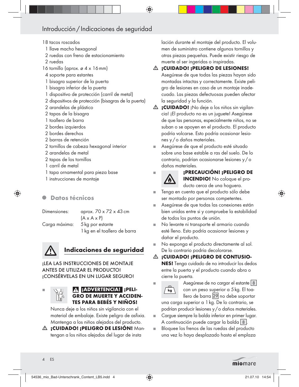 Introducción / indicaciones de seguridad, Datos técnicos, Indicaciones de seguridad | Miomare Z30374 User Manual | Page 2 / 23