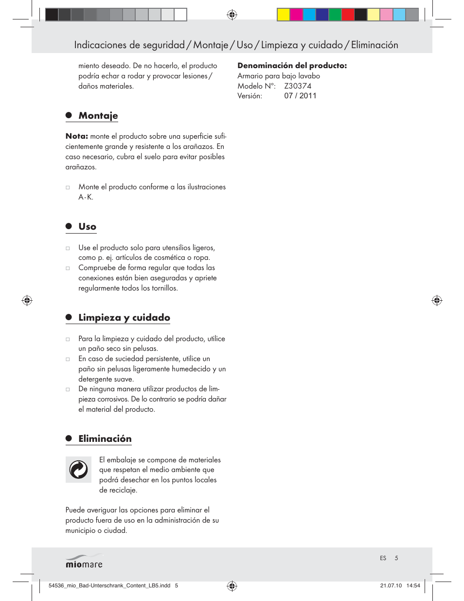 Montaje, Limpieza y cuidado, Eliminación | Miomare Z30374 User Manual | Page 3 / 23