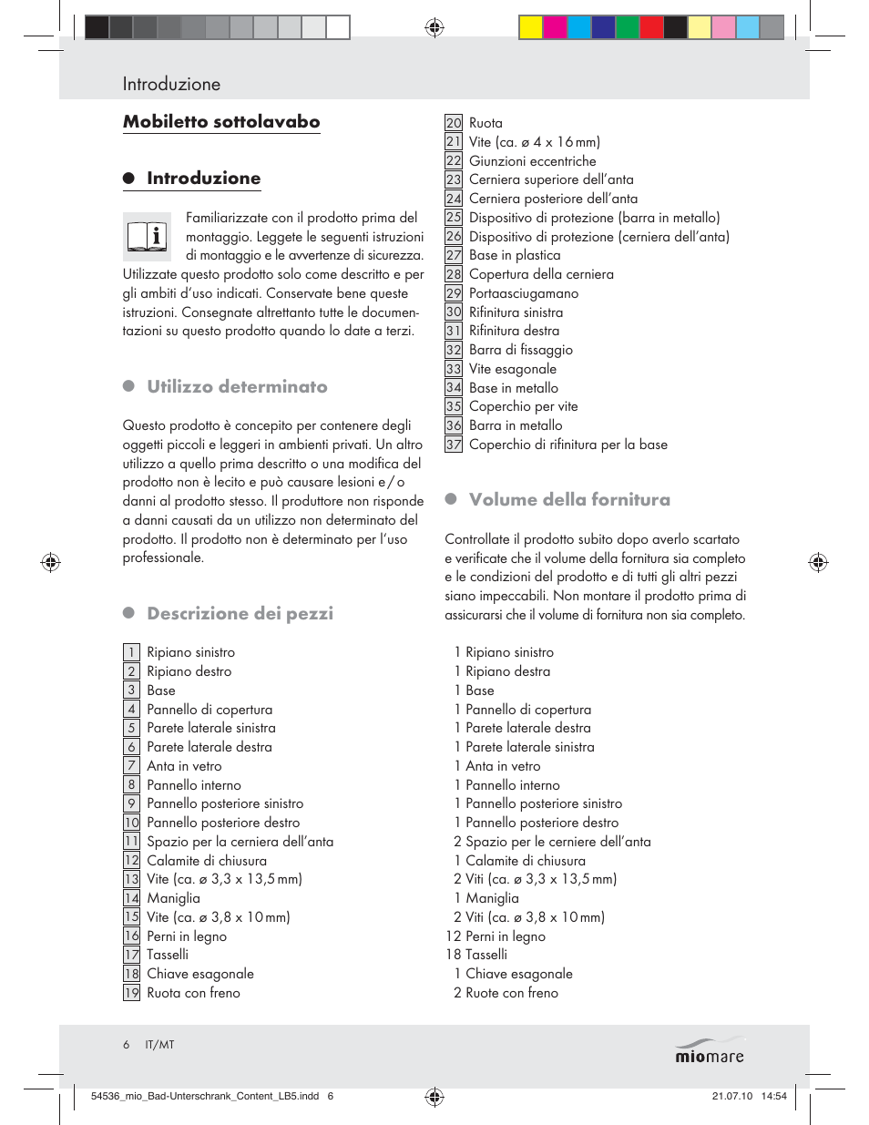 Introduzione, Mobiletto sottolavabo, Utilizzo determinato | Descrizione dei pezzi, Volume della fornitura | Miomare Z30374 User Manual | Page 4 / 23