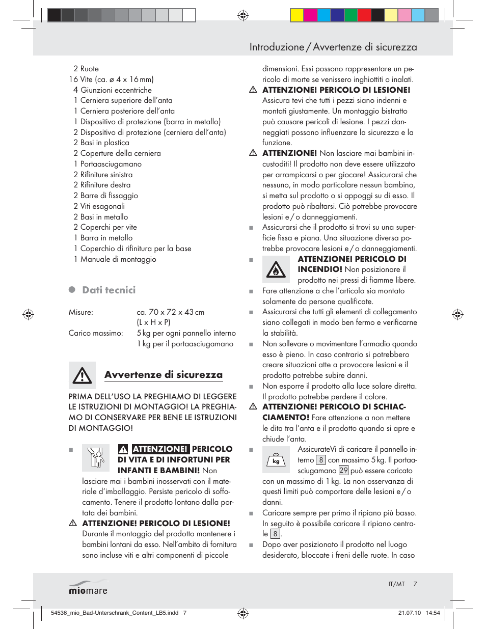 Introduzione / avvertenze di sicurezza, Dati tecnici, Avvertenze di sicurezza | Miomare Z30374 User Manual | Page 5 / 23