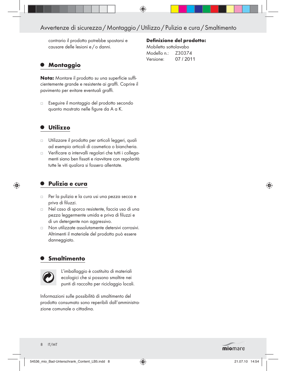 Montaggio, Utilizzo, Pulizia e cura | Smaltimento | Miomare Z30374 User Manual | Page 6 / 23