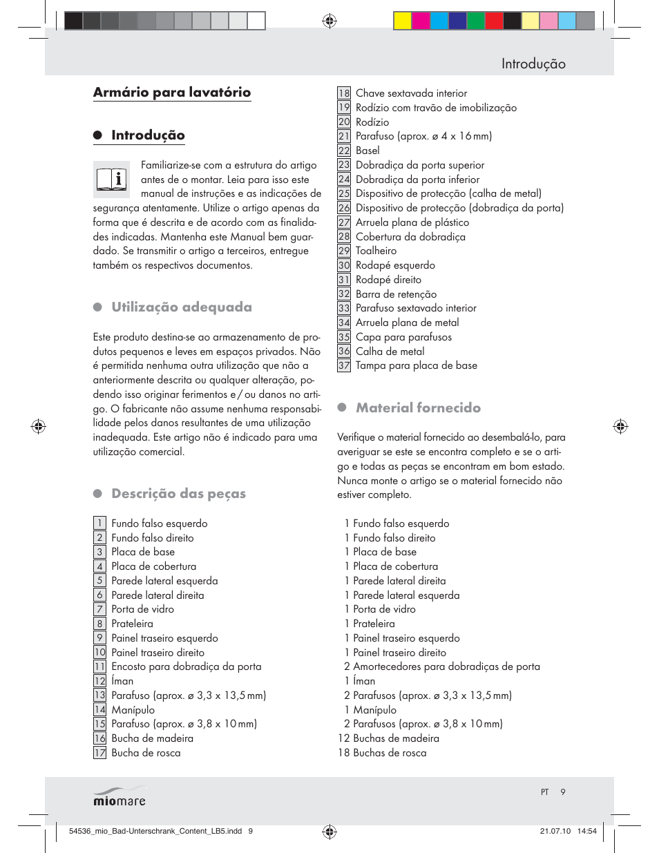 Introdução, Armário para lavatório, Utilização adequada | Descrição das peças, Material fornecido | Miomare Z30374 User Manual | Page 7 / 23