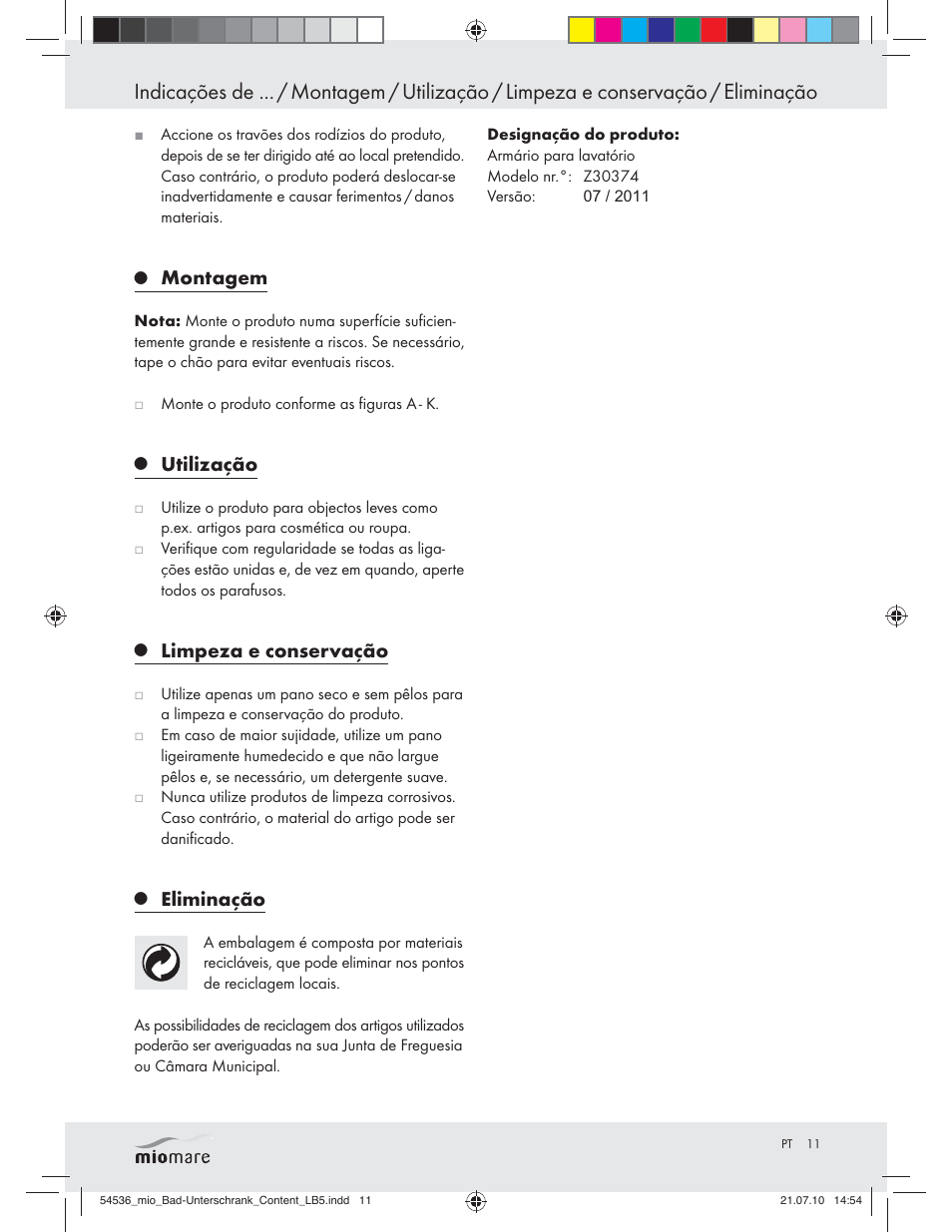 Montagem, Utilização, Limpeza e conservação | Eliminação | Miomare Z30374 User Manual | Page 9 / 23